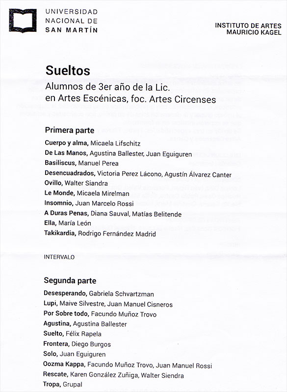 Sueltos - Muestra alumnos 3° año Circo UNSAM Programa